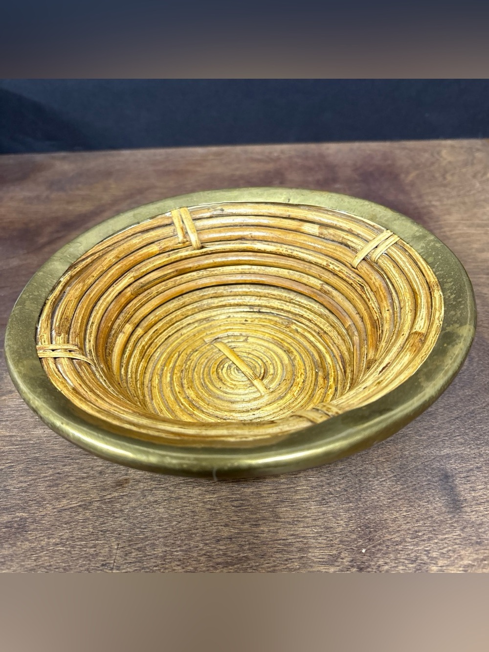 Vintage Pencil Reed Rattan Bowl with Brass Rim - Gold Tone